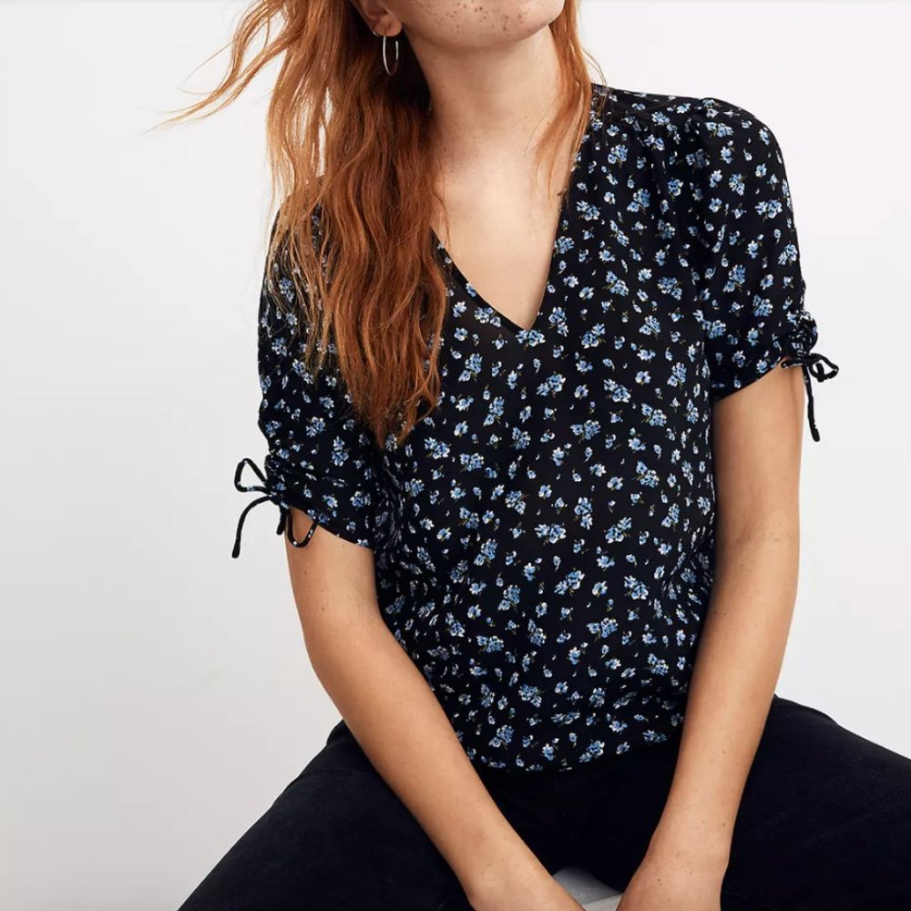 Madewell Silk Cinch-Sleeve Top in Baby's Breath